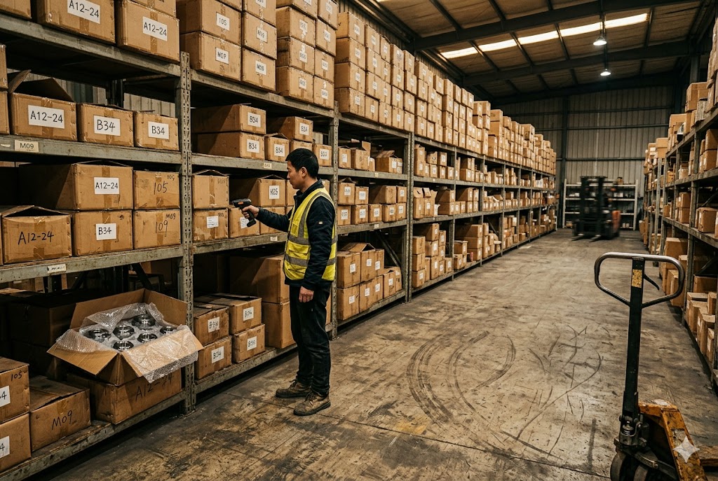 Parts Export Logistics Warehouse worker scanning custom mechanical parts boxes for export logistics management (ID#4)