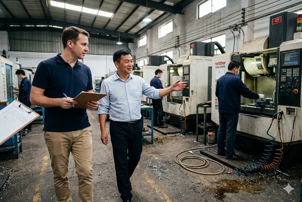 Factory Audit In Progress Luckym supplier audit manager walks client through CNC machining facility (ID#4)