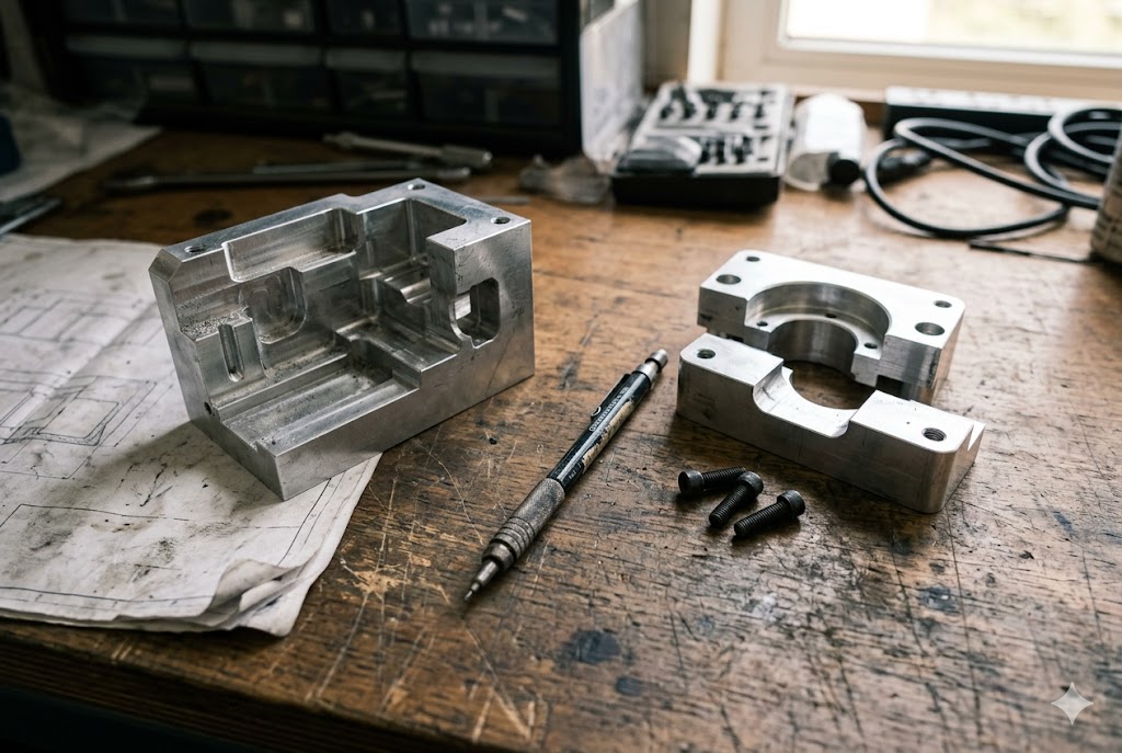 Custom Aluminum Machined Parts Custom CNC-machined aluminum components with engineering drawing on workbench (ID#4)