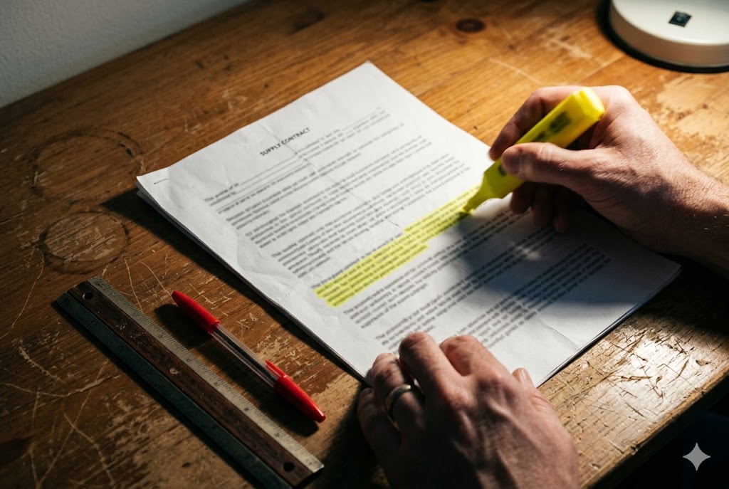 Supply Contract Review Buyer highlighting key terms in a custom mechanical parts supply contract (ID#4)