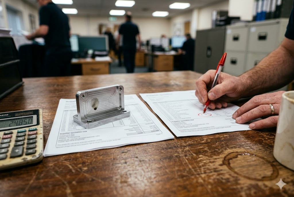Custom Parts Order Review Purchasing manager reviewing custom machined aluminum part quotation documents (ID#4)