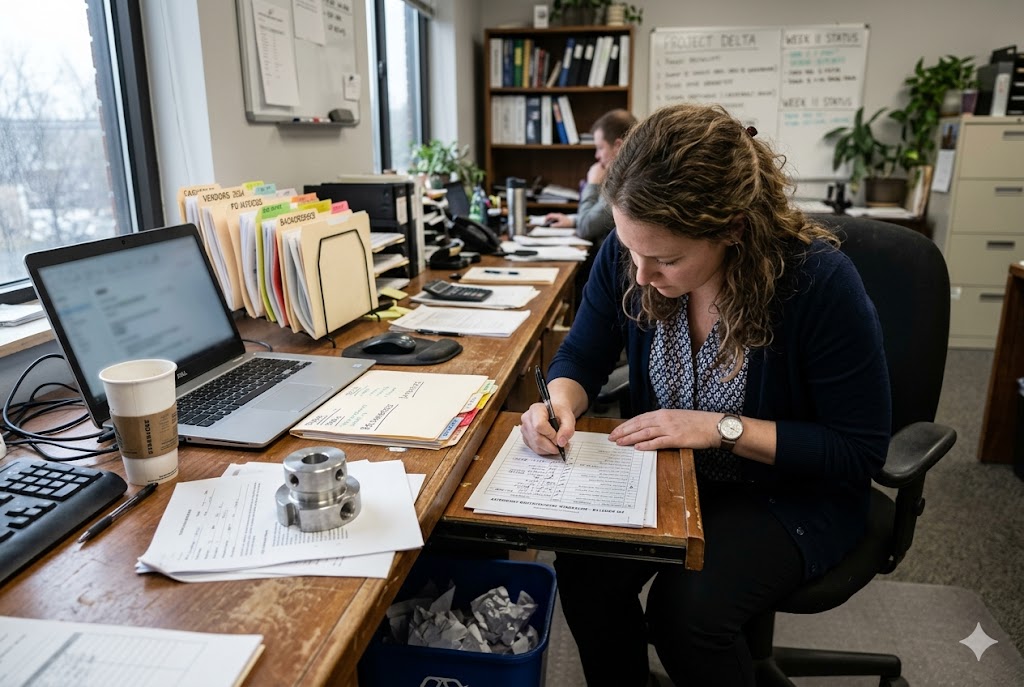 Parts Order Management Purchasing manager reviewing custom mechanical parts order specs and project documents at desk (ID#4)