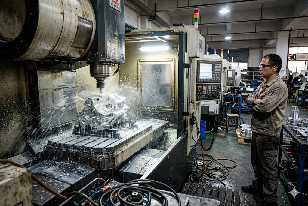 CNC Milling Factory CNC machinist monitoring milling machine cutting custom metal parts in factory (ID#4)
