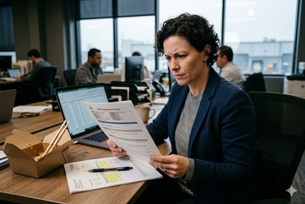 Purchasing Manager Quality Concern Purchasing manager reviewing corrective action report for custom mechanical parts supplier (ID#4)