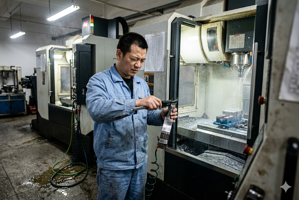 CNC Part Quality Check Machinist measuring precision CNC-machined metal part with caliper (ID#4)
