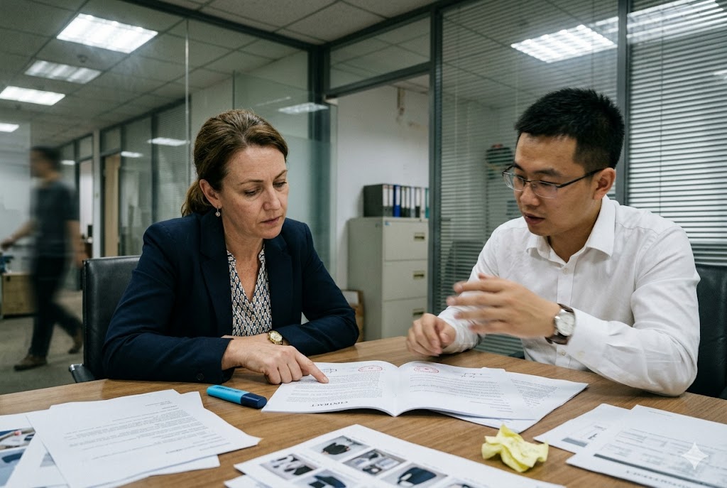 B2B Contract Review US buyer and Chinese supplier reviewing custom parts manufacturing contract together (ID#4)