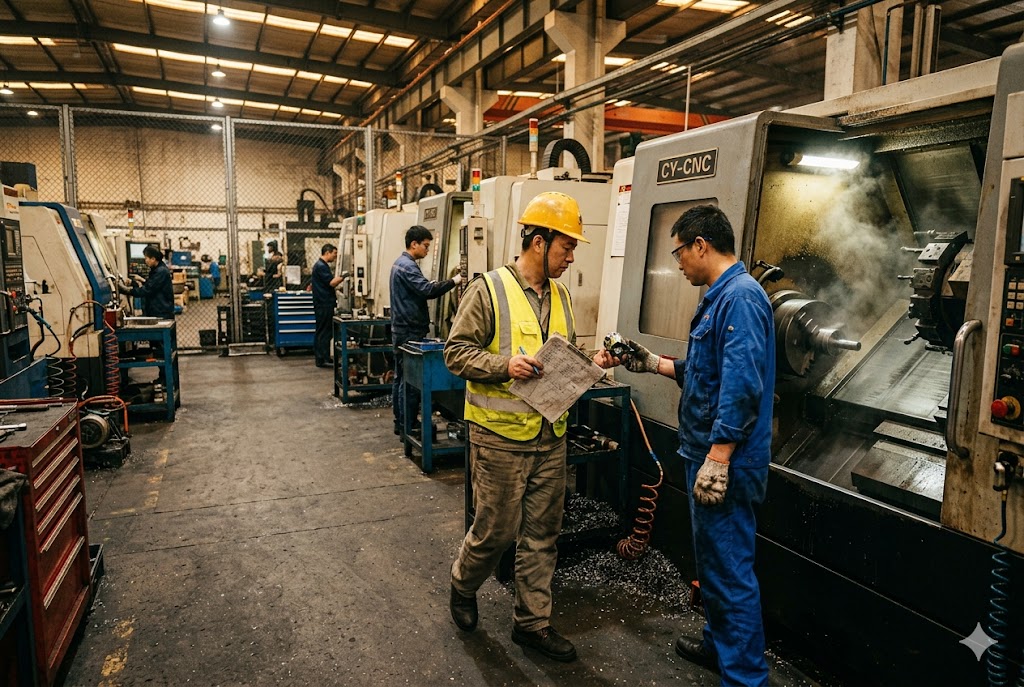 CNC Quality Inspection Quality inspector and CNC operator checking drawings at machining center China (ID#4)