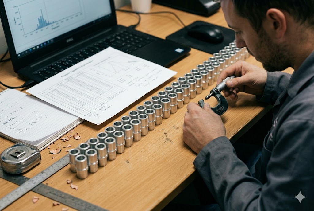 Parts Quality Inspection Quality inspector measuring custom machined metal parts with micrometer for dimensional tolerance (ID#4)
