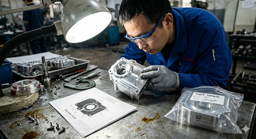 CNC Part Inspection Quality inspector examining custom CNC aluminum housing against engineering drawing (ID#4)