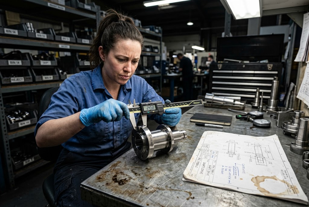 Precision Parts Quality Control QC technician measuring custom machined shaft with digital caliper against blueprint (ID#4)