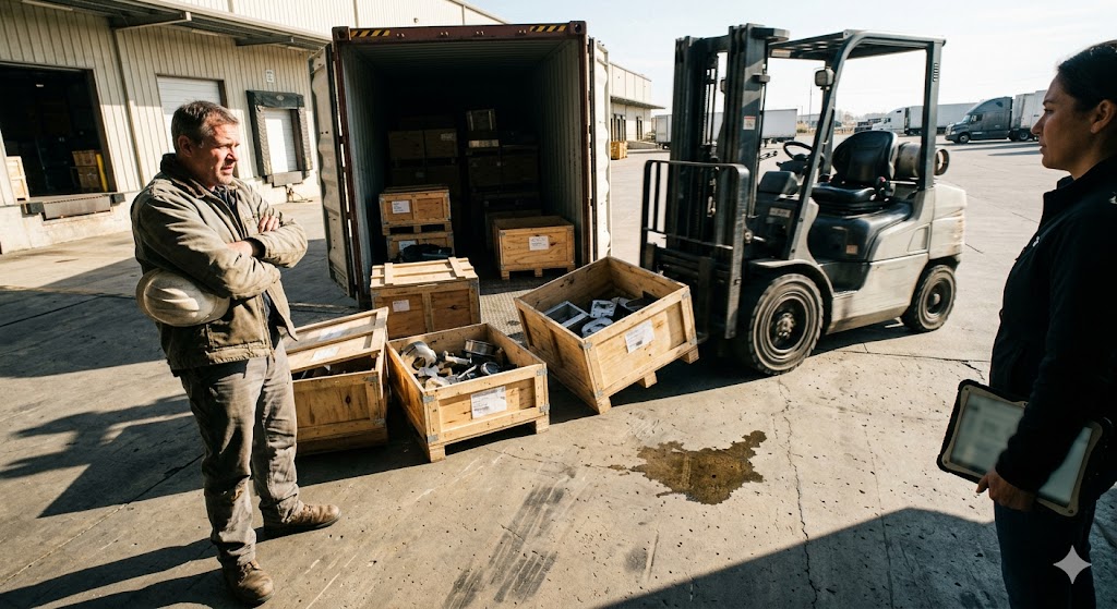 Door-to-Door Parts Delivery Logistics team unloading custom mechanical parts from shipping container at US warehouse (ID#4)