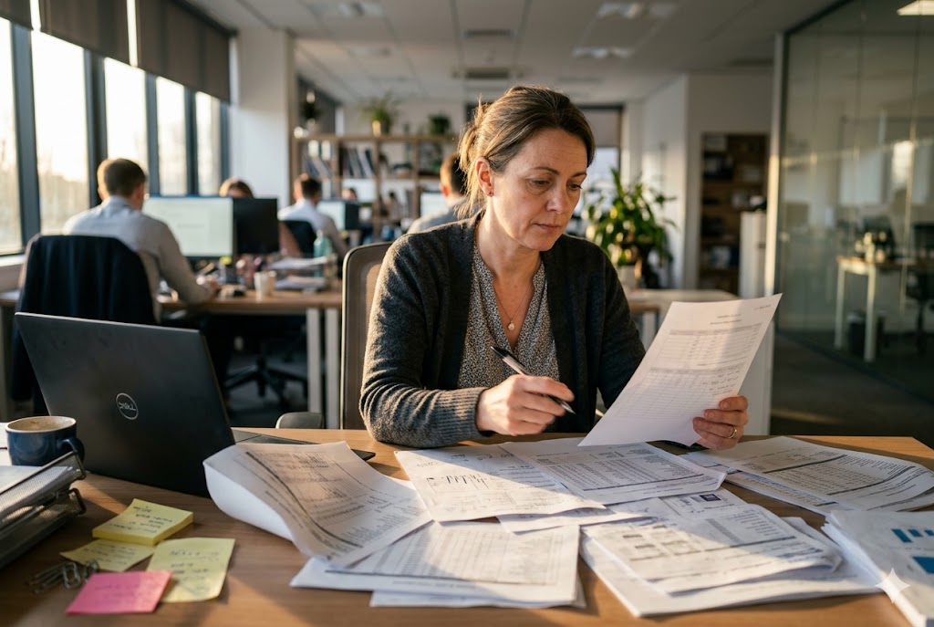 Door-to-Door Parts Delivery Purchasing manager reviewing supplier quotations and technical drawings at office desk(ID#4)