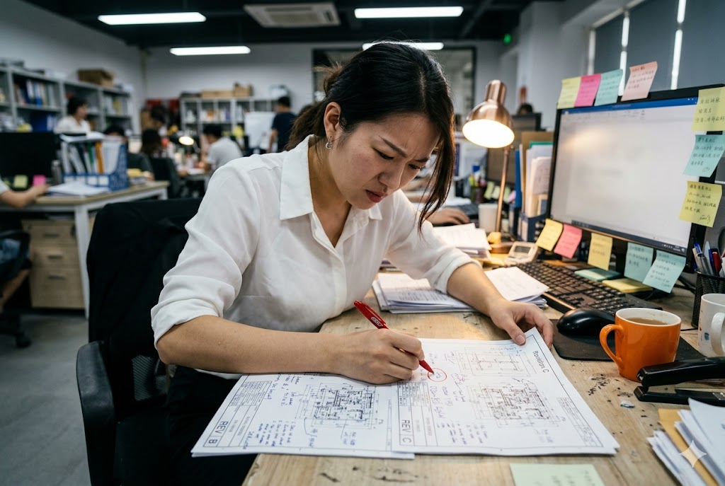 Expert Project Management Chinese project manager annotating technical drawings at Luckym office desk (ID#4)