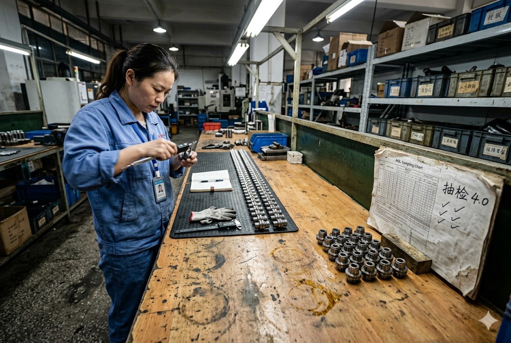AQL Parts Quality Control Female inspector performing AQL sampling check on custom mechanical parts (ID#4)