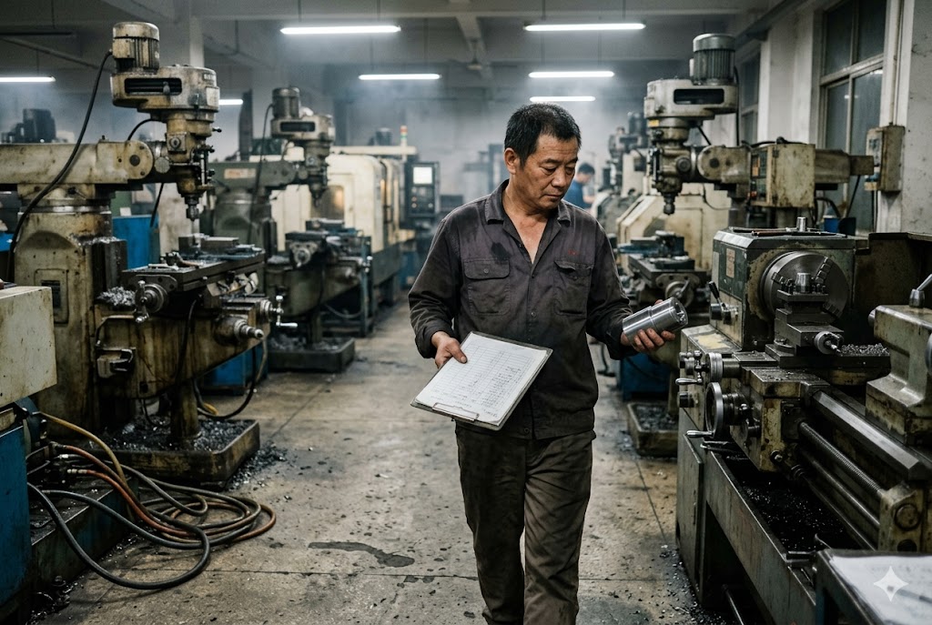 China Factory Floor Check Factory supervisor reviewing checklist with machined part on China workshop floor (ID#5)