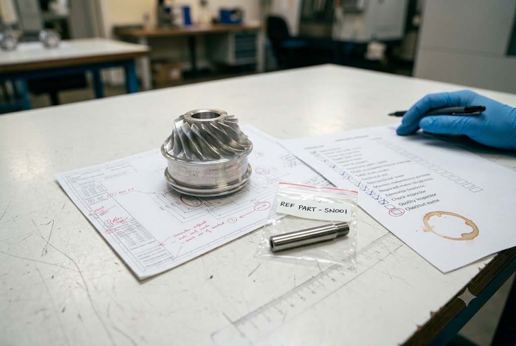 Pre-Shipment Quality Inspection Quality inspector checking custom machined bevel gear against drawing and checklist (ID#5)