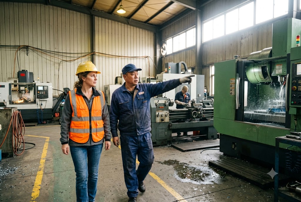 CNC Factory Audit Tour Purchasing manager touring CNC machining factory floor during supplier audit (ID#5)