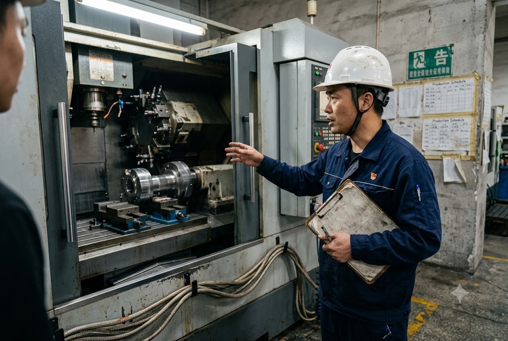 CNC Factory Process Management Factory engineer in hard hat reviewing CNC lathe machining process (ID#5)