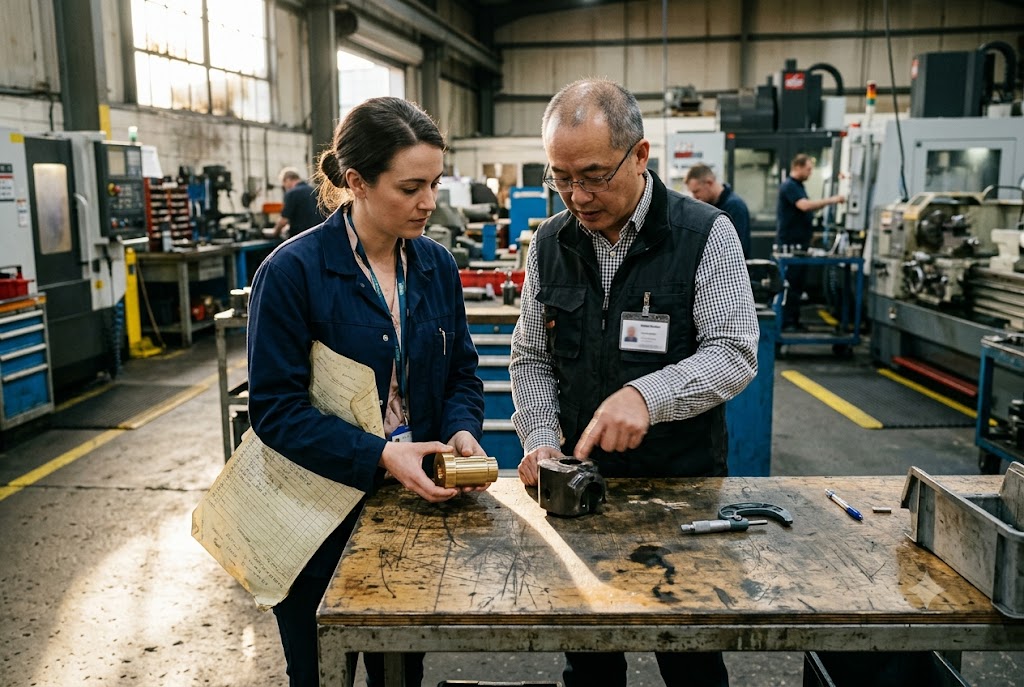 Factory Engineering Collaboration Engineer and supplier reviewing technical drawings and custom mechanical parts on workbench (ID#5)