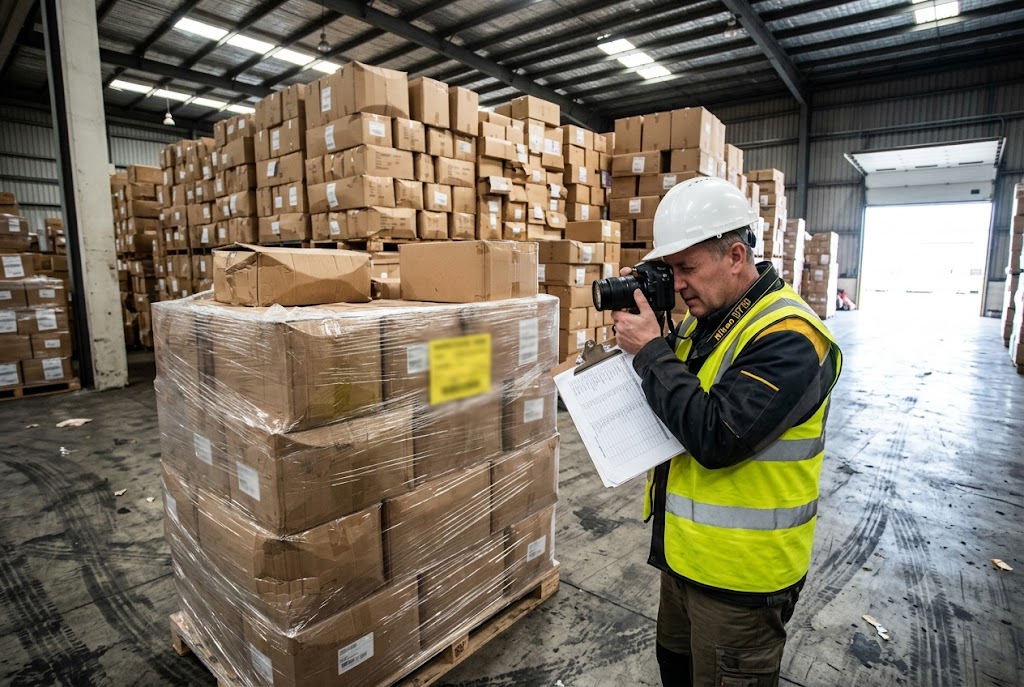 Pre-Shipment Export Inspection Pre-shipment inspector photographing palletized export cargo in warehouse (ID#5)
