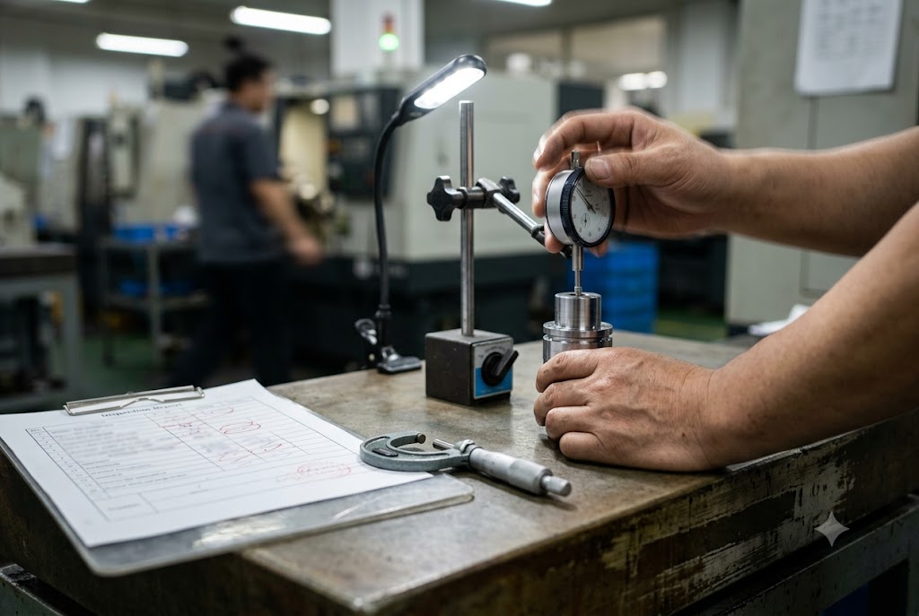 Precision Quality Control Inspection Inspector using dial indicator to measure precision custom machined part with inspection report (ID#5)