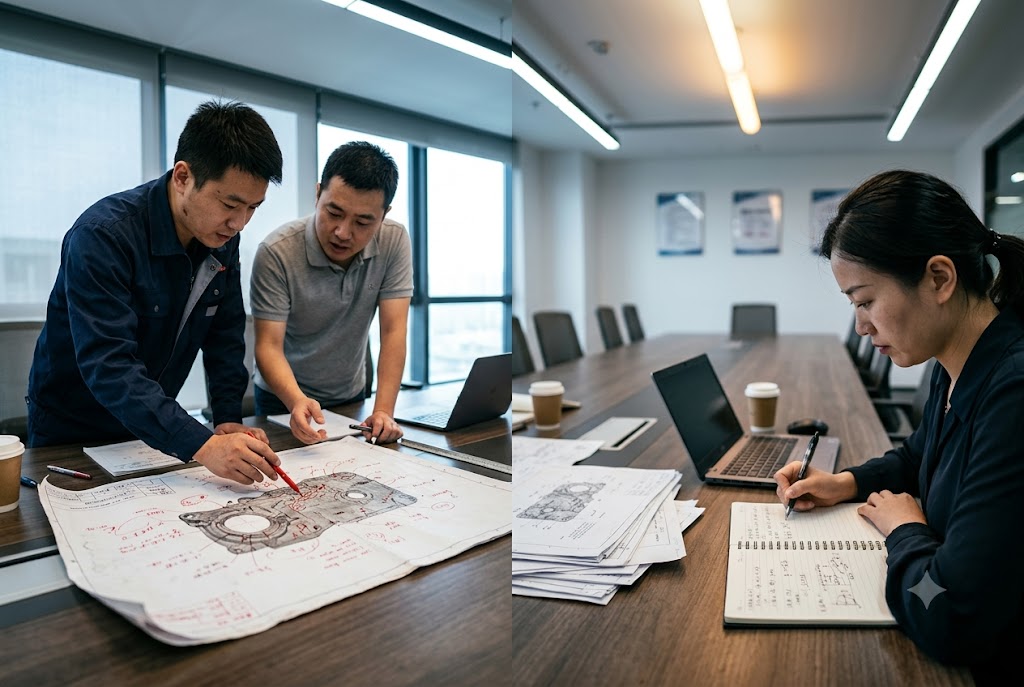 Engineering Project Management Team Luckym engineers reviewing mechanical drawings and managing custom parts project (ID#5)