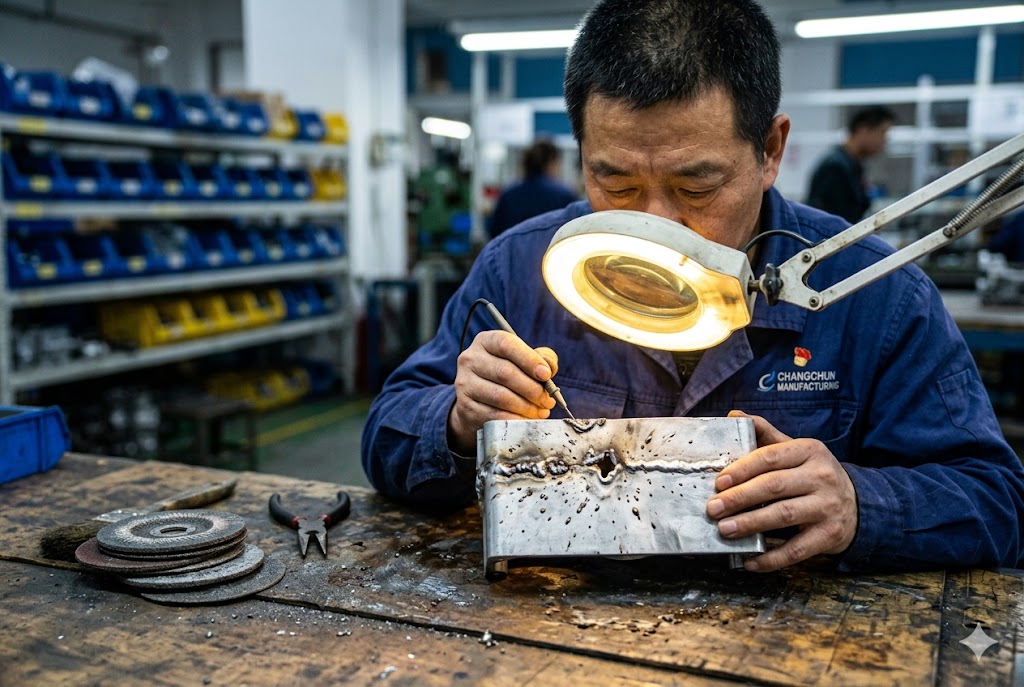 Precision Parts Quality Control Technician performing close-up precision finishing on custom metal part under magnifier (ID#5)