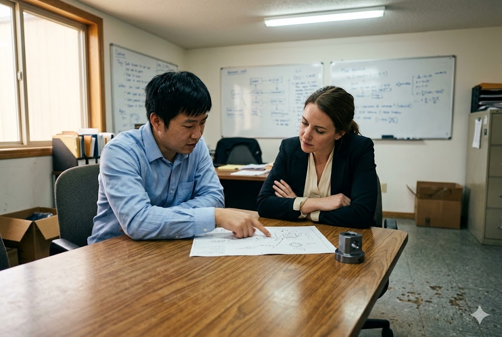 B2B Parts Sourcing Consultation Supplier engineer reviewing mechanical drawing with US purchasing manager (ID#5)