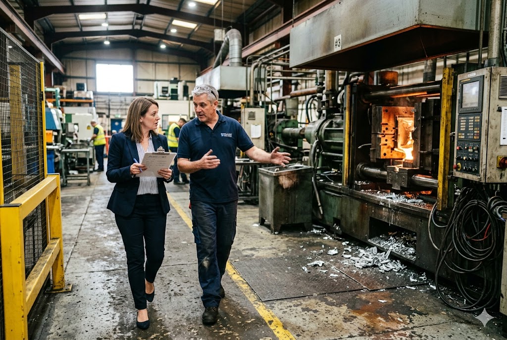 Supplier Factory Audit Purchasing manager conducting supplier factory audit beside casting machine (ID#5)