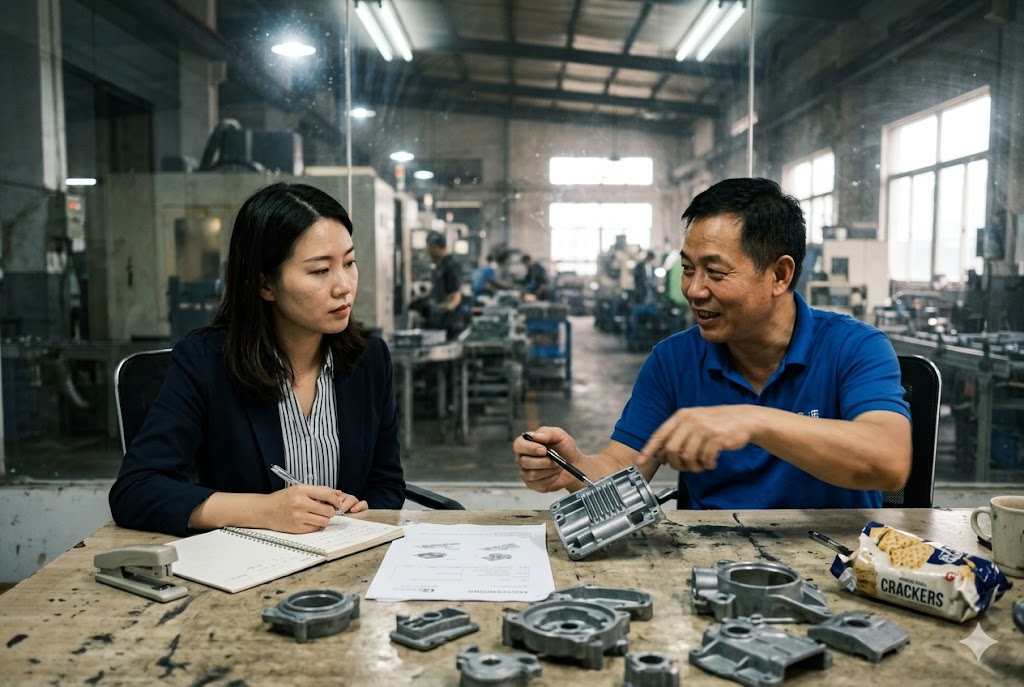 Factory Supplier Audit Meeting Luckym sourcing agent discussing custom mechanical parts with China factory engineer (ID#5)