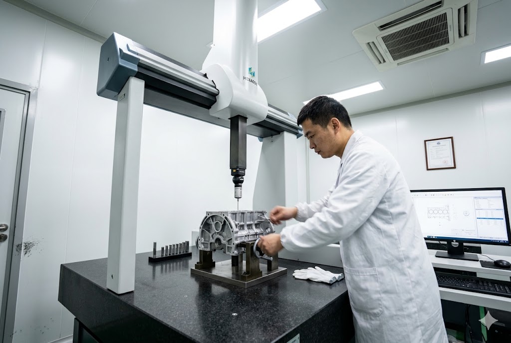 CMM Quality Inspection Lab QC technician using CMM coordinate measuring machine to inspect custom mechanical part (ID#5)