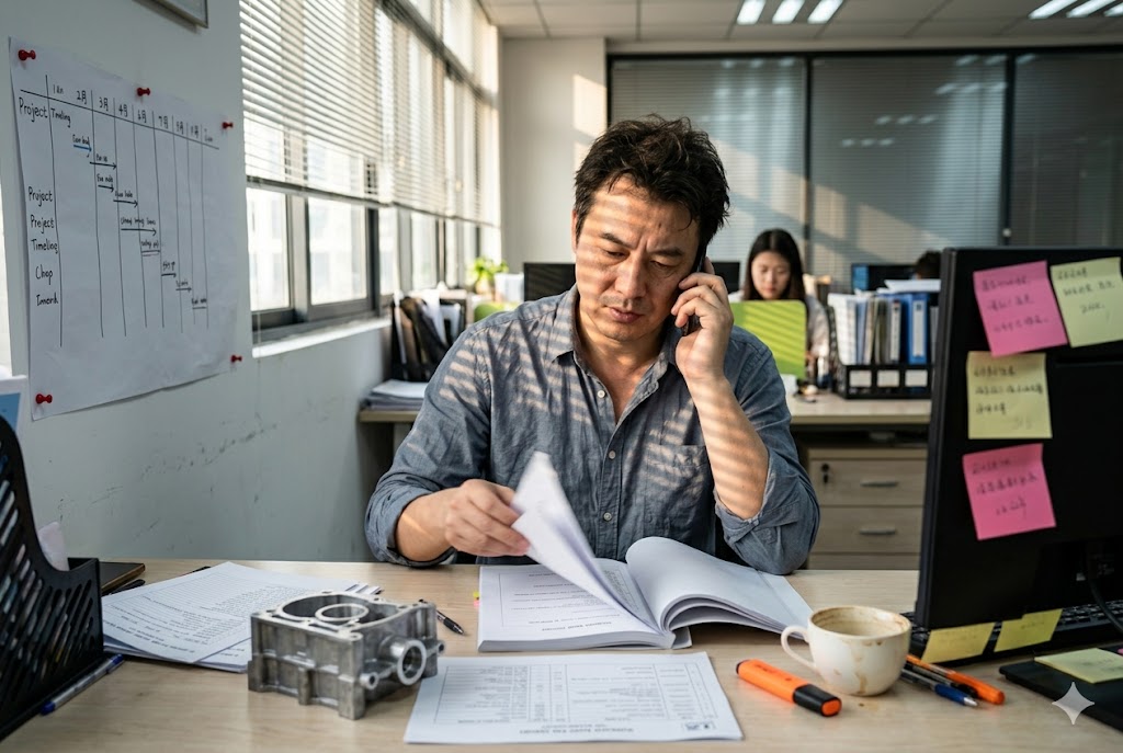 China Parts Project Management Project manager reviewing custom mechanical parts order documents on phone (ID#5)