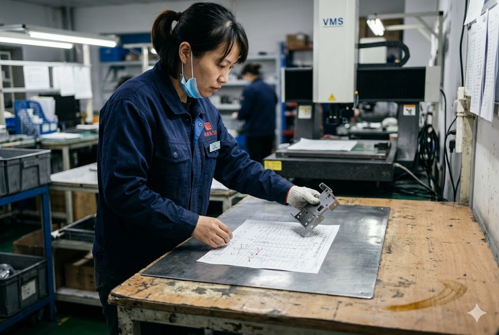 Quality Control Inspection QC inspector comparing custom machined metal bracket against engineering drawing (ID#5)