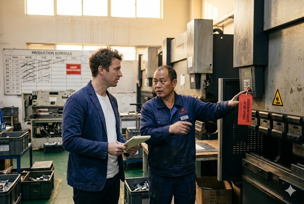 Factory Project Management Client and engineer reviewing CNC production schedule at Chinese factory (ID#5)