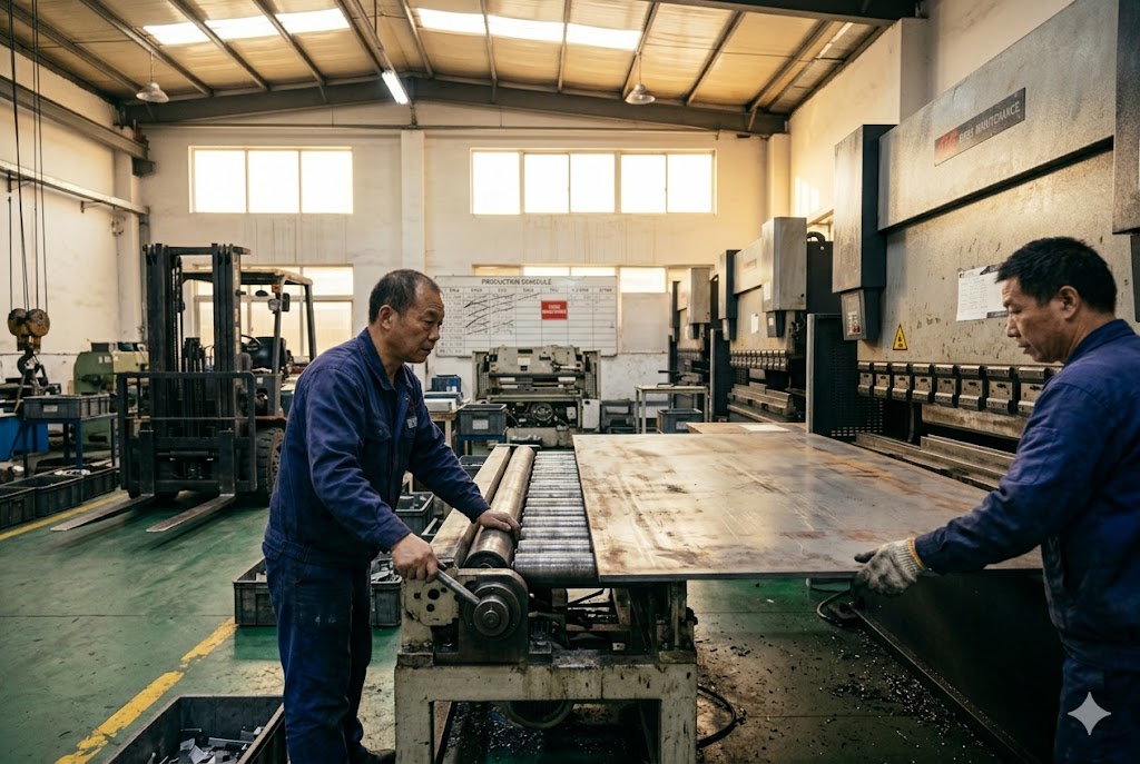 Custom Parts Rolling Process Factory workers feeding steel plate into roller machine for custom parts production (ID#5)