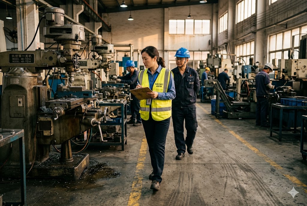 China Factory Quality Audit Luckym quality auditor inspecting Chinese mechanical parts factory floor operations (ID#5)