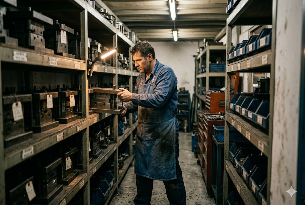 Mold Storage Management Factory worker managing labeled mold inventory on industrial shelving (ID#5)