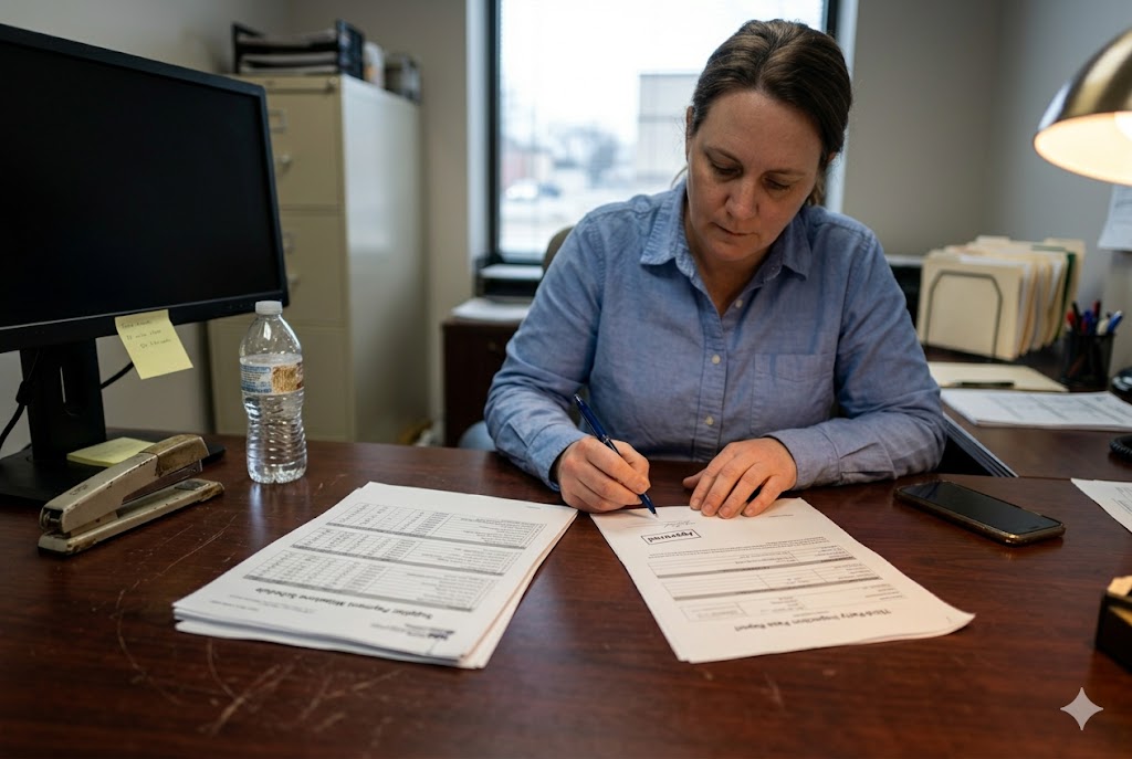 Parts Inspection Report Review Purchasing manager reviewing approved third-party inspection report for custom mechanical parts (ID#5)