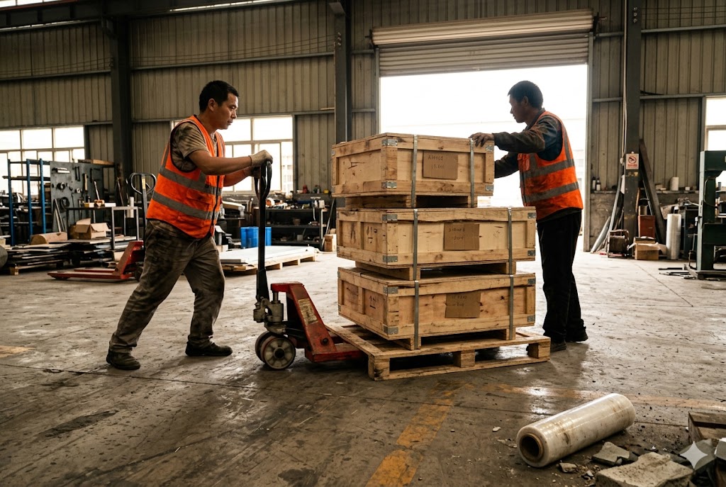 Parts Export Logistics Warehouse workers loading export crates of custom mechanical parts for shipment (ID#5)