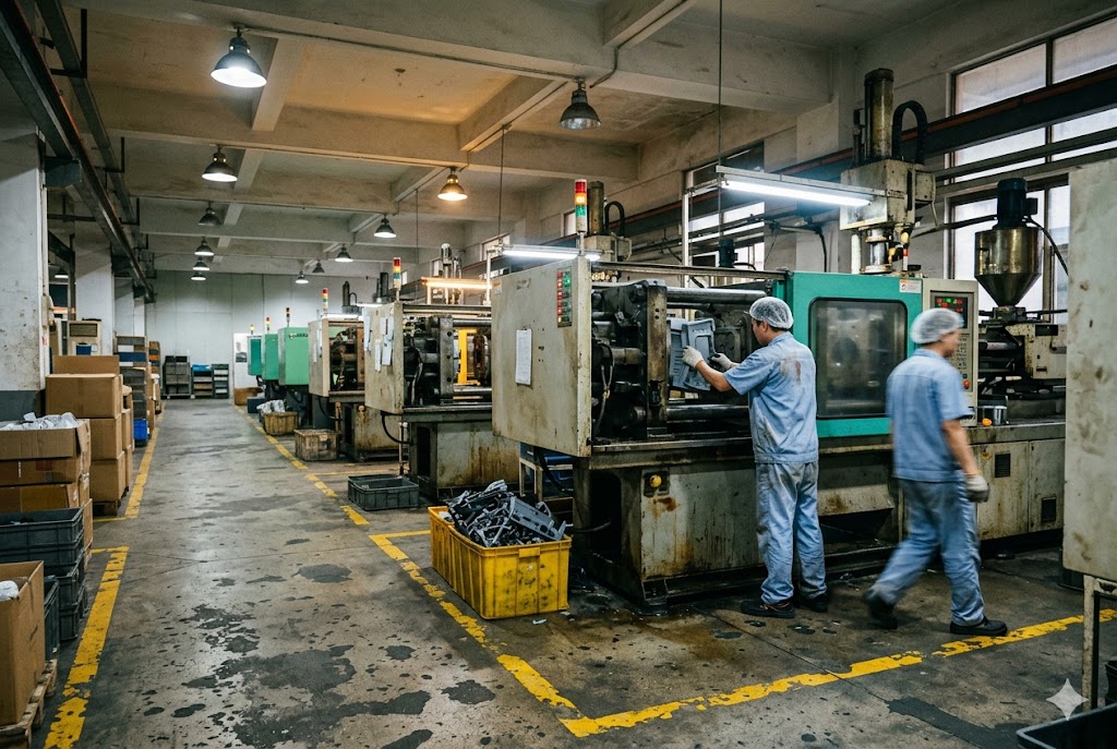 China Parts Factory Floor Workers operating injection molding machines in China custom parts factory (ID#5)