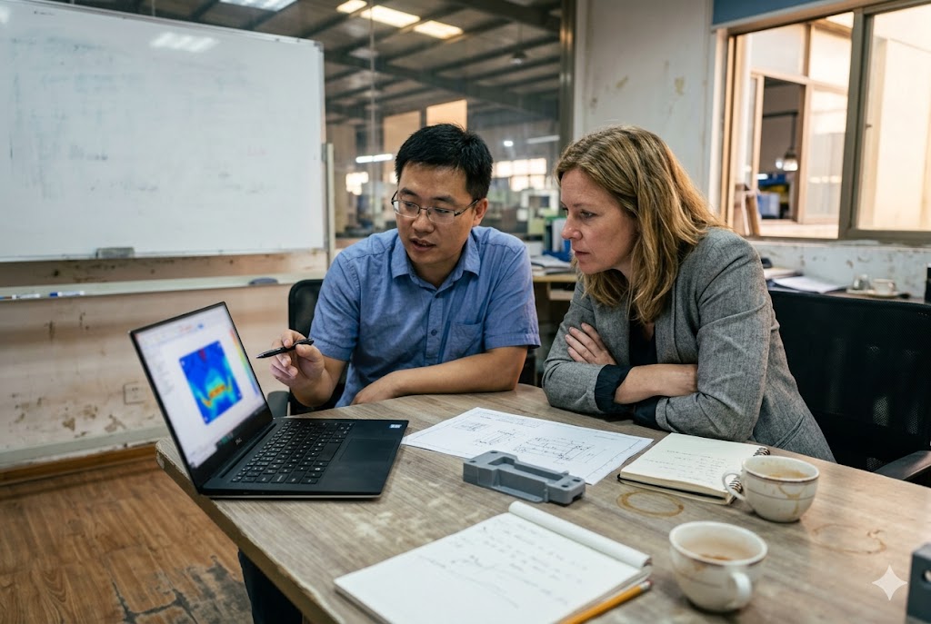 Cross-Border Parts Sourcing Chinese engineer and US buyer reviewing custom mechanical part engineering drawings together (ID#5)