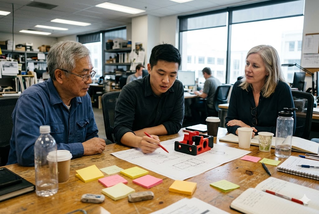 Global Sourcing Team Meeting Cross-border sourcing team discussing custom mechanical parts drawings together (ID#5)
