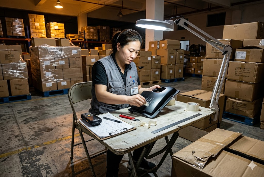 Pre-Shipment Parts Inspection Pre-shipment inspector examining custom mechanical part under warehouse lamp (ID#5)
