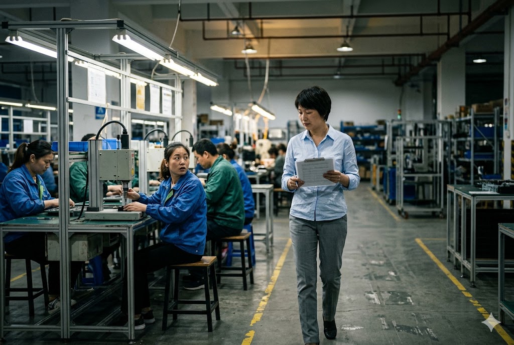Factory Floor Audit Luckym supply chain manager conducting in-production quality audit at China parts factory (ID#5)