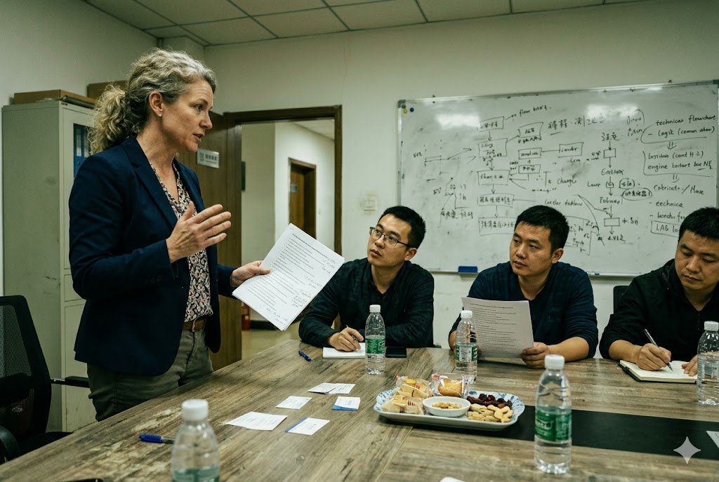 Supplier Audit Meeting Western buyer presenting requirements to Chinese supplier team during factory audit (ID#5)