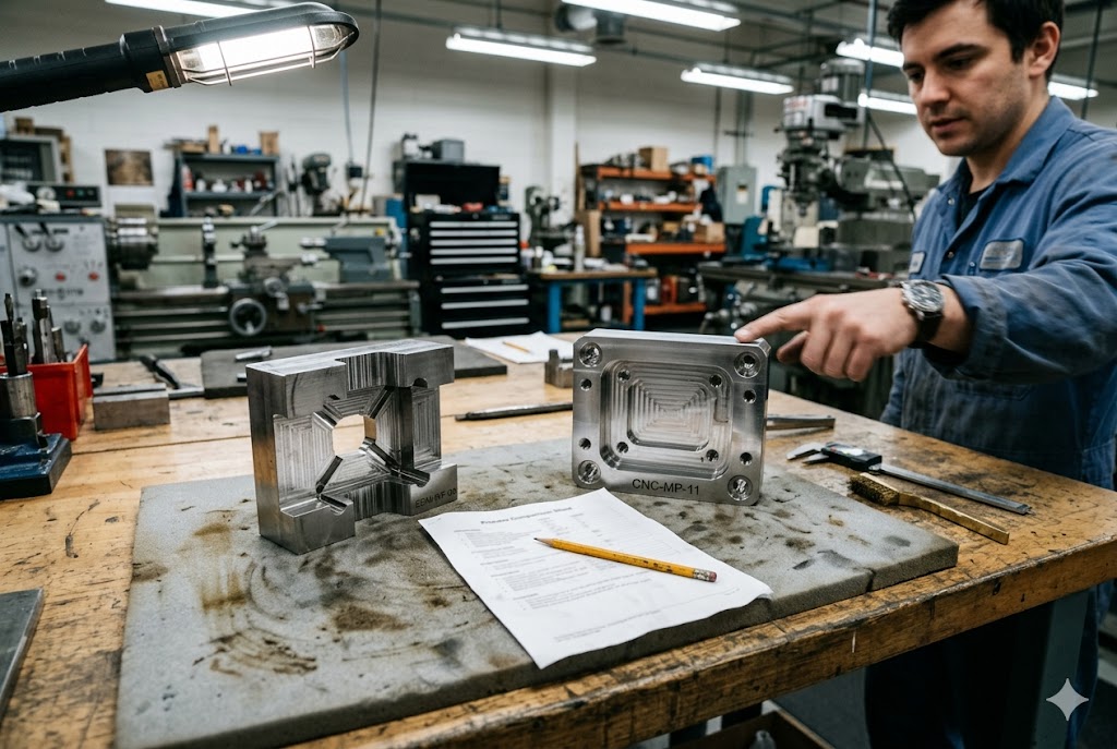CNC Parts Quality Inspection Engineer inspecting CNC machined mold components with process control sheet (ID#5)