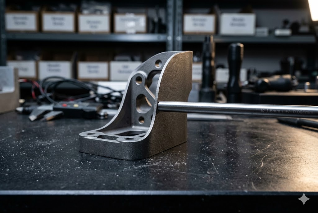 Custom Steel Bracket Part Custom machined steel bracket with mounting holes on dark workbench surface (ID#5)