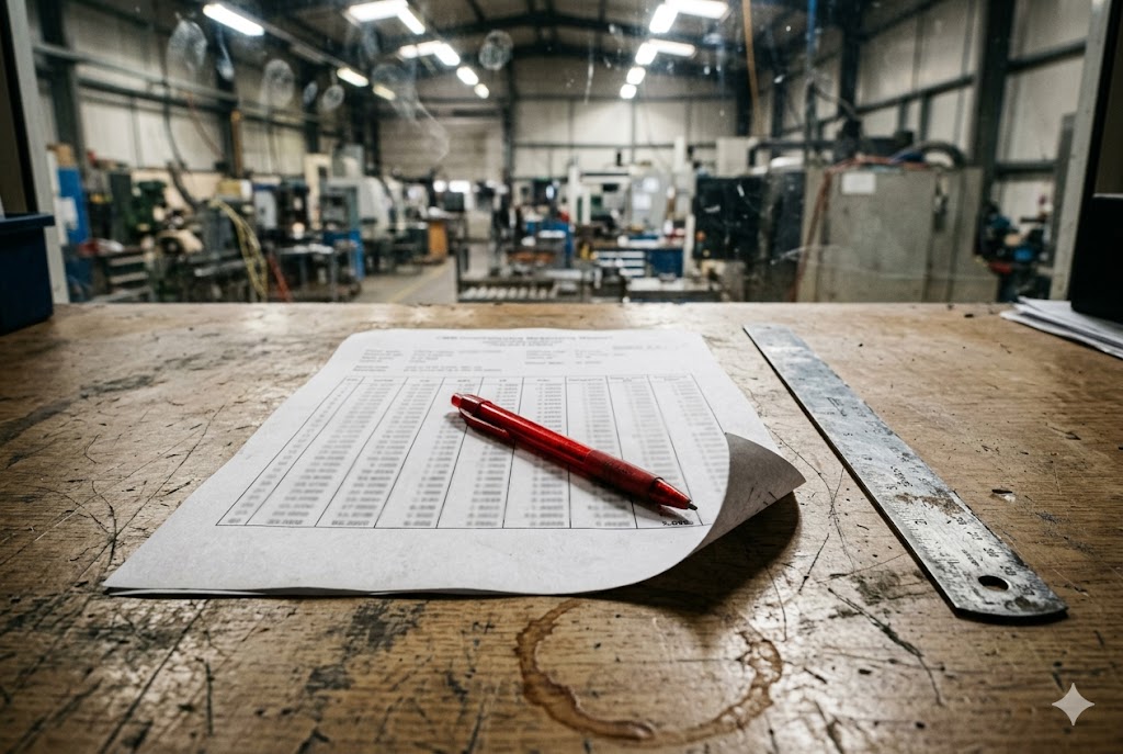 Factory QC Inspection Checklist Quality inspection checklist and ruler on workbench in custom parts factory (ID#5)