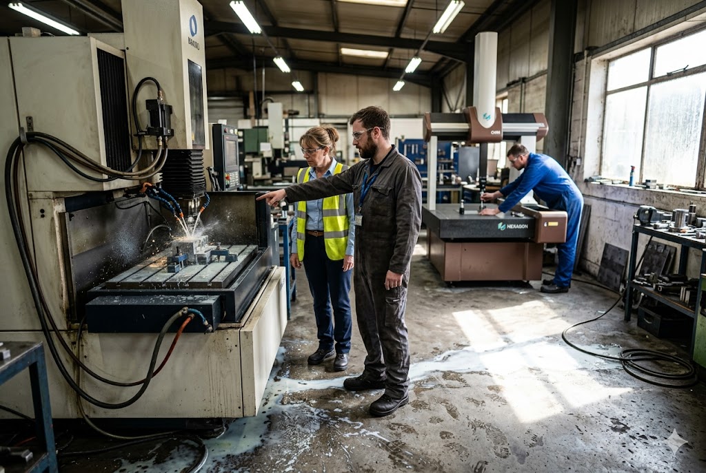 CNC Milling Factory Audit Inspector and engineer reviewing live CNC milling operation on factory floor (ID#5)