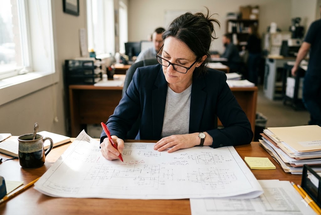 Engineer Reviews Technical Blueprints Purchasing manager reviewing mechanical engineering drawings at office desk (ID#5)